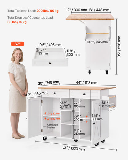 Kitchen Island Cart, with Solid Wood Top and Storage Cabinet, Mobile Rolling Table with Drop Leaf, Drawers, Spice Towel Rack, Portable Islands on Swivel Wheels for Dining Room, 132cm Width, White