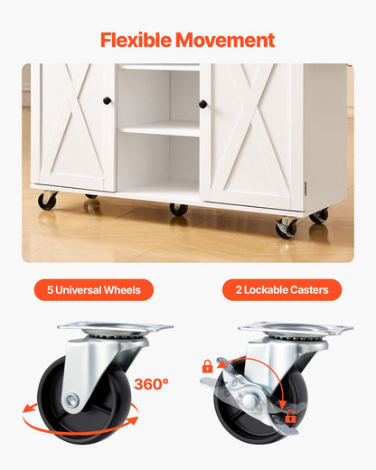 Kitchen Island Cart, with Solid Wood Top and Storage Cabinet, Mobile Rolling Table with Drop Leaf, Drawers, Spice Towel Rack, Portable Islands on Swivel Wheels for Dining Room, 132cm Width, White