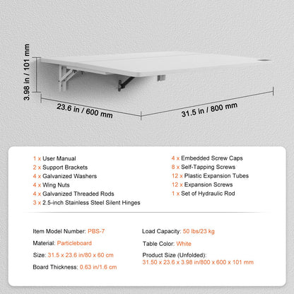 Wandklapptisch, 80 x 50 cm, schwebender Schreibtisch mit Eisenhalterung, klappbarer Schreibtisch für kleine Räume, Homeoffice, Esszimmer, Waschküche, Küche, Bar, Weiß