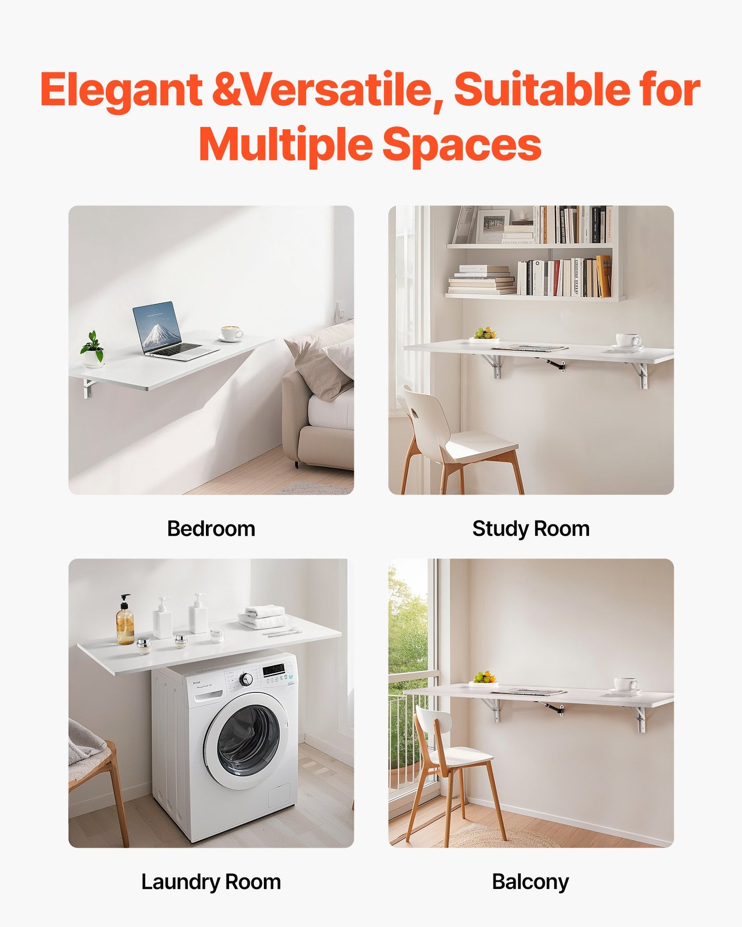 Wall Mounted Folding Table, 43.3 x 18 inches Wall Mount Table, Floating Desk with Iron Bracket, Fold Down Desk for Small Spaces, Home Office, Dining, Laundry Room, Kitchen, Bar, White