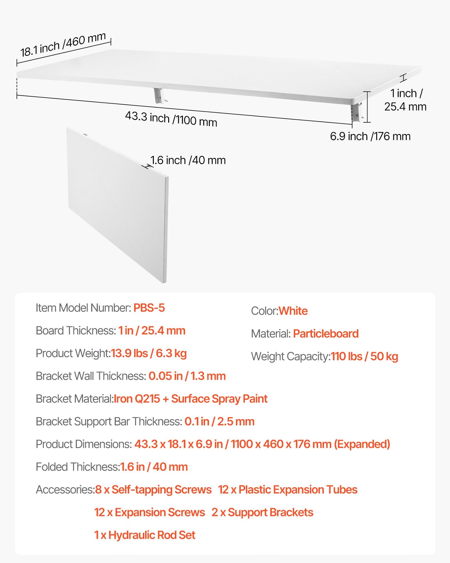 Wall Mounted Folding Table, 43.3 x 18 inches Wall Mount Table, Floating Desk with Iron Bracket, Fold Down Desk for Small Spaces, Home Office, Dining, Laundry Room, Kitchen, Bar, White