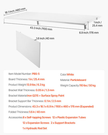 Wall Mounted Folding Table, 43.3 x 18 inches Wall Mount Table, Floating Desk with Iron Bracket, Fold Down Desk for Small Spaces, Home Office, Dining, Laundry Room, Kitchen, Bar, White