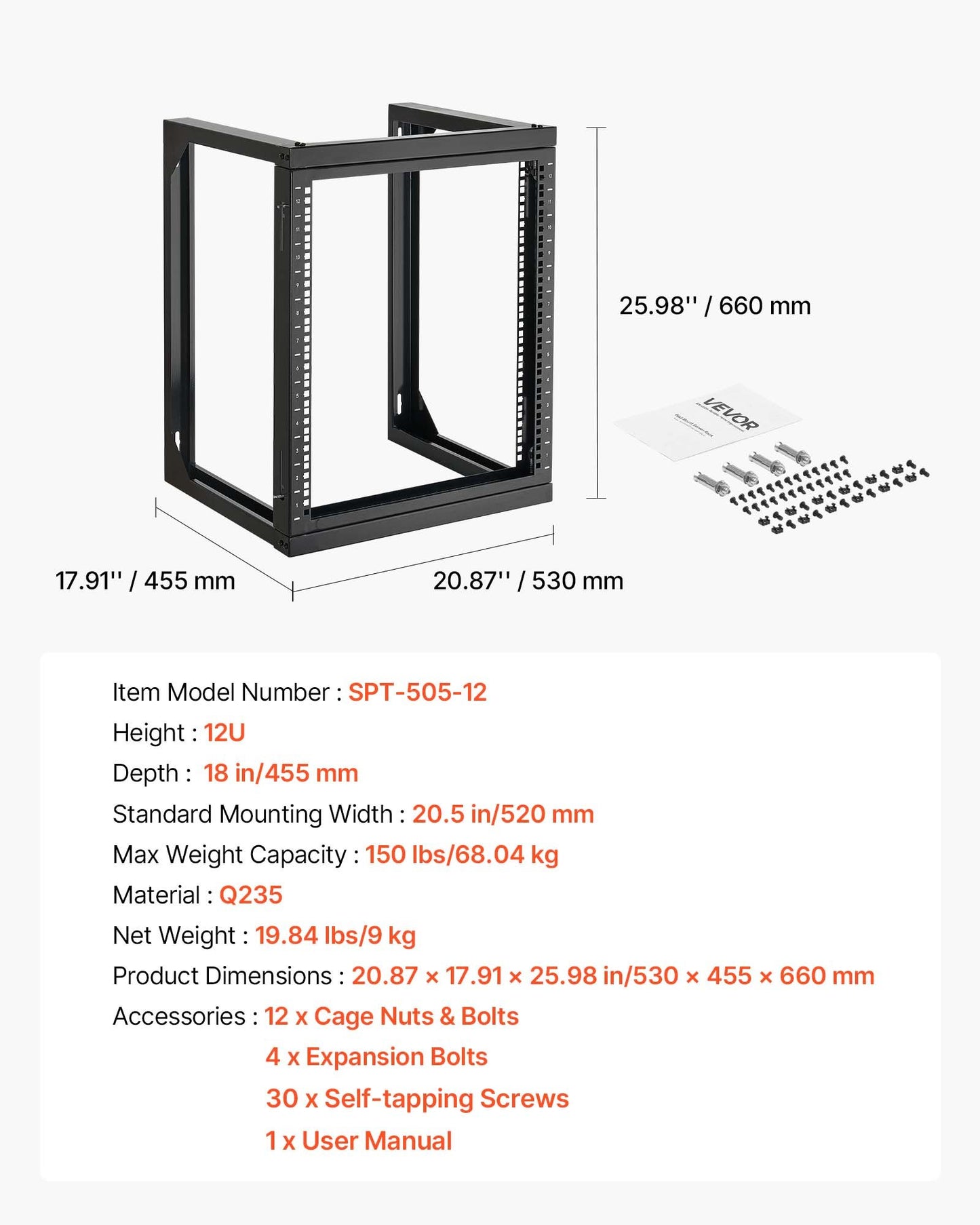 12U Wall Mount Server Rack, 68.04 kg Max Load Capacity, Open Frame Network Rack with 180 Degrees Gate Swing Door, Carbon Steel, Ideal for IT Network Equipment & AV Devices Computer Server, Black