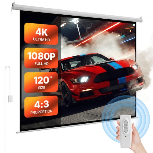 Motorized Projector Screen, 3048 mm 4:3 1080 HD Electric Projector Screen, Wall Mounted Projection Dispaly Projector with Remote Control, Automatic Movie Screen for Family Home Office Theater