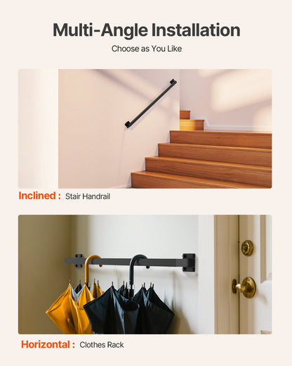 Wall Mounted Stair Handrail, 910mm Black Iron Staircase Handrail Indoor, 113kg Load Capacity, Industrial Railing Hand Rail for Steps, Square Tube for Loft Porch Deck, 2 Sections