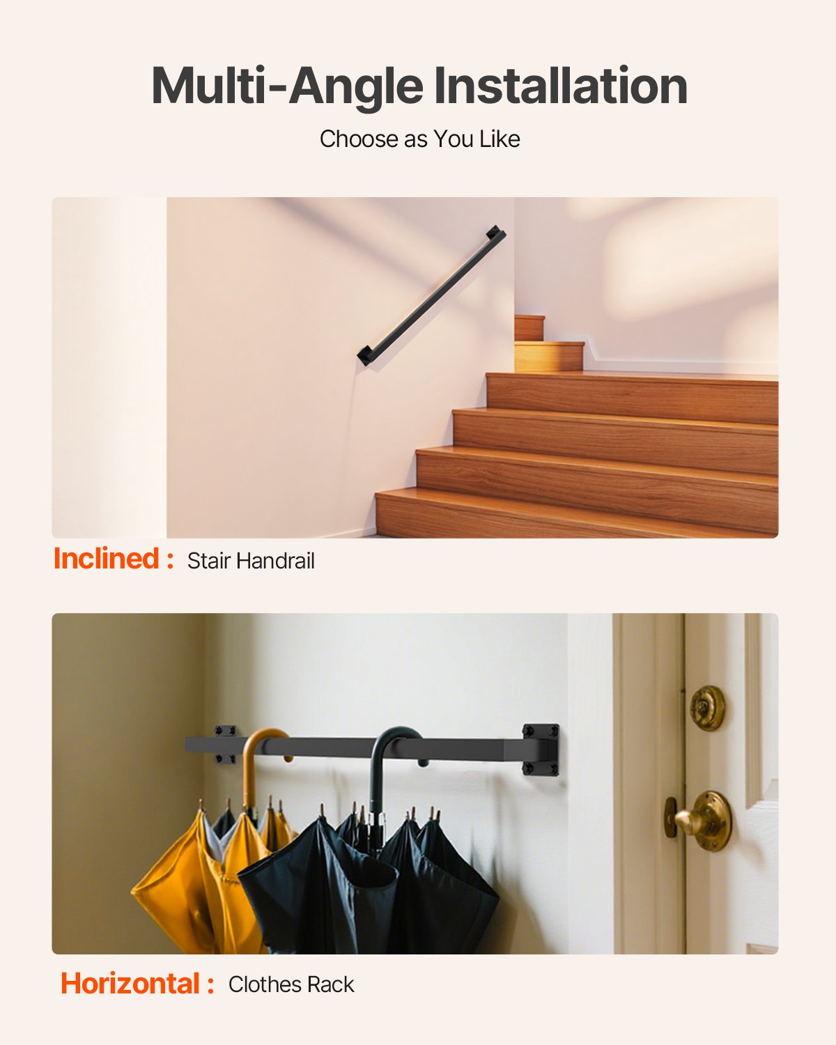 Wall Mounted Stair Handrail, 1215mm Black Iron Staircase Handrail Indoor, 113kg Load Capacity, Industrial Railing Hand Rail for Steps, Square Tube for Loft Porch Deck, 2 Sections