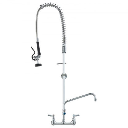 Commercial Faucet with Pre-Rinse Sprayer, 47" Height, 8" Center, 12" Swing Spout, Wall Mount Kitchen Sink Faucet, Brass Constructed Device with Pull Down Spray, for 1/2/3 Compartment Sink