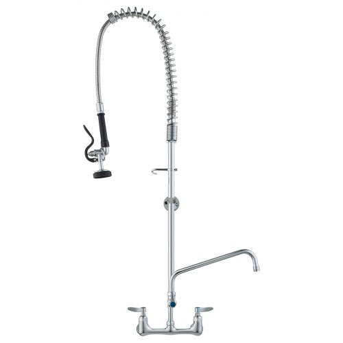 Commercial Faucet with Pre-Rinse Sprayer, 47" Height, 8" Center, 12" Swing Spout, Wall Mount Kitchen Sink Faucet, Brass Constructed Device with Pull Down Spray, for 1/2/3 Compartment Sink