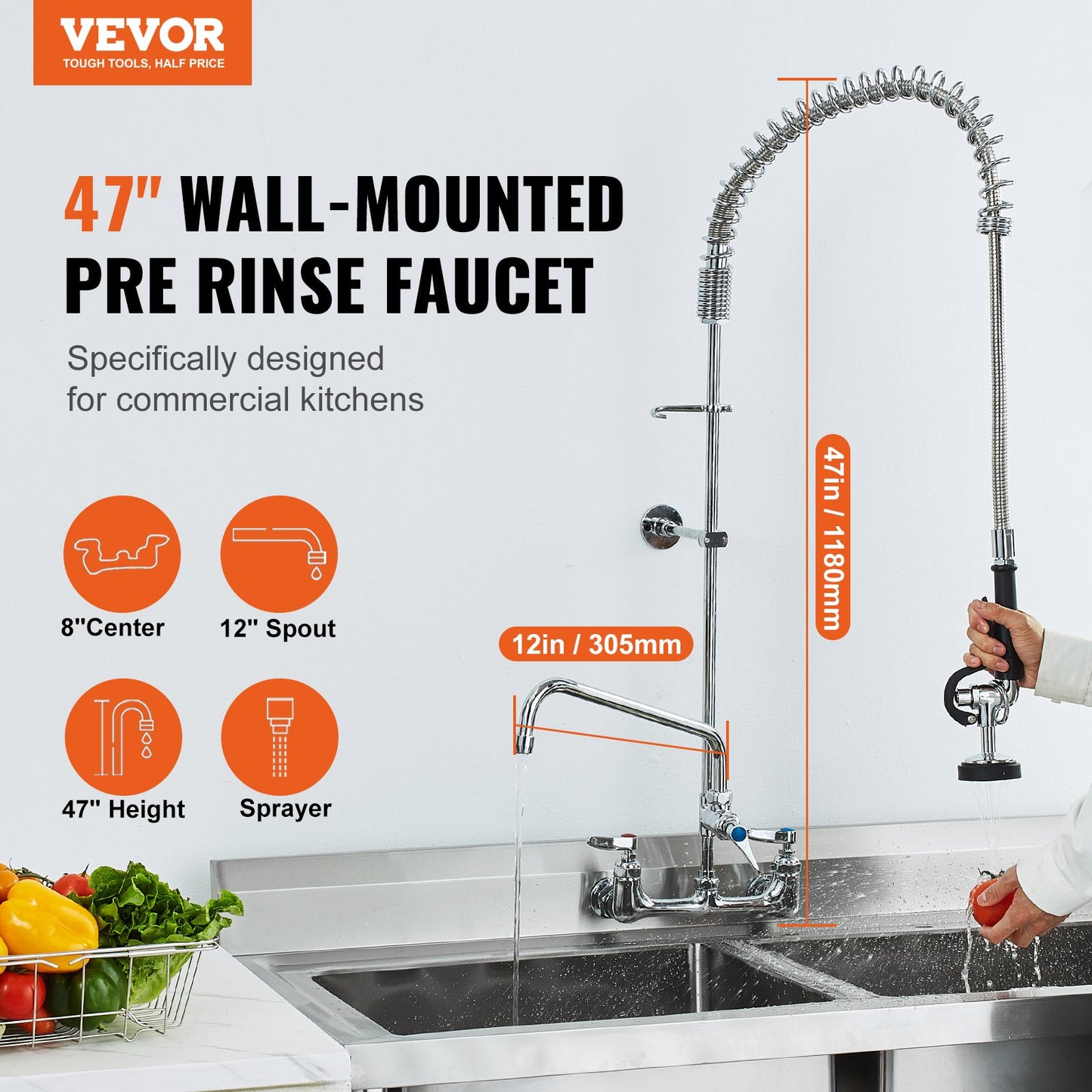 Commercial Faucet with Pre-Rinse Sprayer, 47" Height, 8" Center, 12" Swing Spout, Wall Mount Kitchen Sink Faucet, Brass Constructed Device with Pull Down Spray, for 1/2/3 Compartment Sink