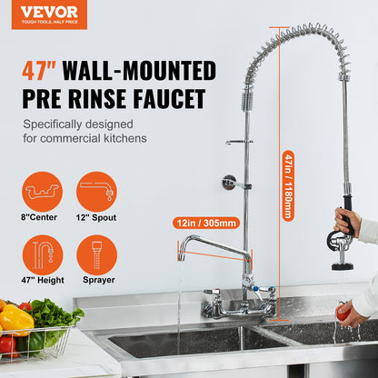 Commercial Faucet with Pre-Rinse Sprayer, 47" Height, 8" Center, 12" Swing Spout, Wall Mount Kitchen Sink Faucet, Brass Constructed Device with Pull Down Spray, for 1/2/3 Compartment Sink