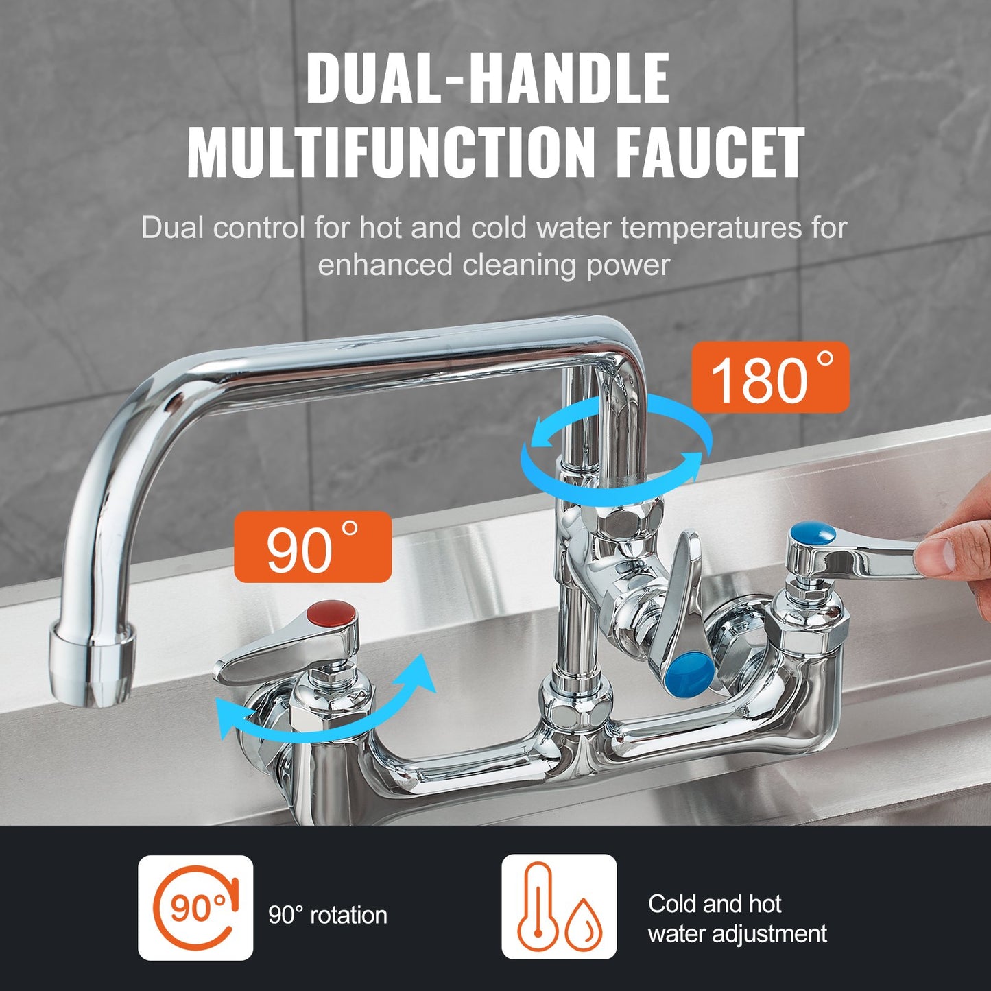 Commercial Faucet with Pre-Rinse Sprayer, 47" Height, 8" Center, 12" Swing Spout, Wall Mount Kitchen Sink Faucet, Brass Constructed Device with Pull Down Spray, for 1/2/3 Compartment Sink