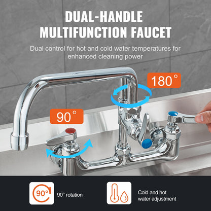 Commercial Faucet with Pre-Rinse Sprayer, 47" Height, 8" Center, 12" Swing Spout, Wall Mount Kitchen Sink Faucet, Brass Constructed Device with Pull Down Spray, for 1/2/3 Compartment Sink
