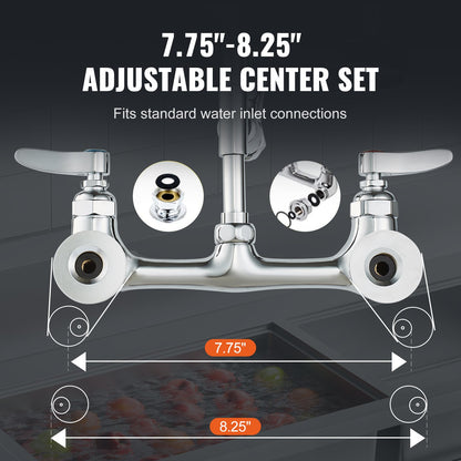 Commercial Faucet with Pre-Rinse Sprayer, 47" Height, 8" Center, 12" Swing Spout, Wall Mount Kitchen Sink Faucet, Brass Constructed Device with Pull Down Spray, for 1/2/3 Compartment Sink