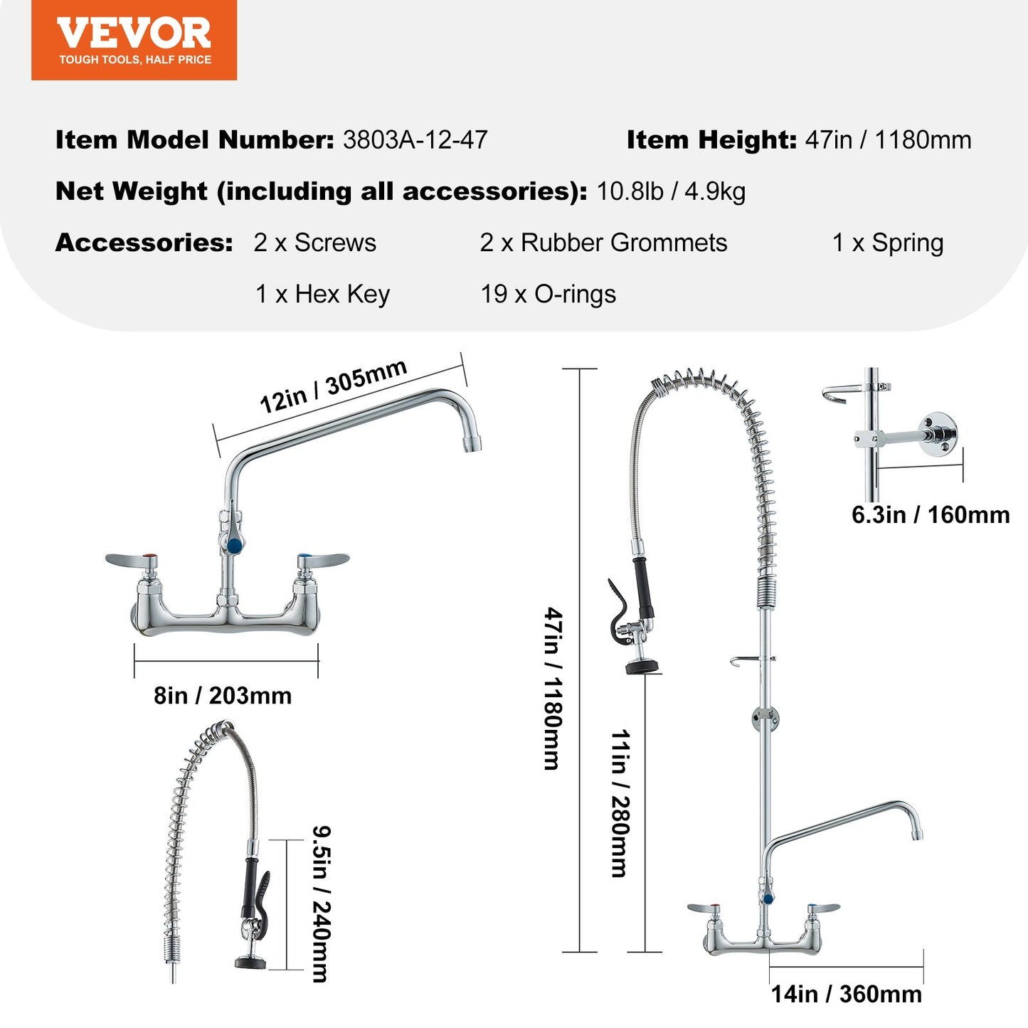 Commercial Faucet with Pre-Rinse Sprayer, 47" Height, 8" Center, 12" Swing Spout, Wall Mount Kitchen Sink Faucet, Brass Constructed Device with Pull Down Spray, for 1/2/3 Compartment Sink