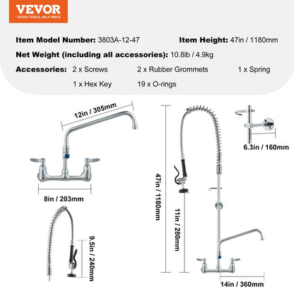 Commercial Faucet with Pre-Rinse Sprayer, 47" Height, 8" Center, 12" Swing Spout, Wall Mount Kitchen Sink Faucet, Brass Constructed Device with Pull Down Spray, for 1/2/3 Compartment Sink
