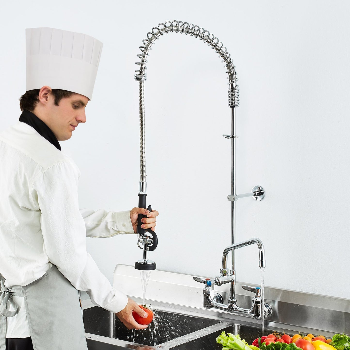 Commercial Faucet with Pre-Rinse Sprayer, 47" Height, 8" Center, 12" Swing Spout, Wall Mount Kitchen Sink Faucet, Brass Constructed Device with Pull Down Spray, for 1/2/3 Compartment Sink