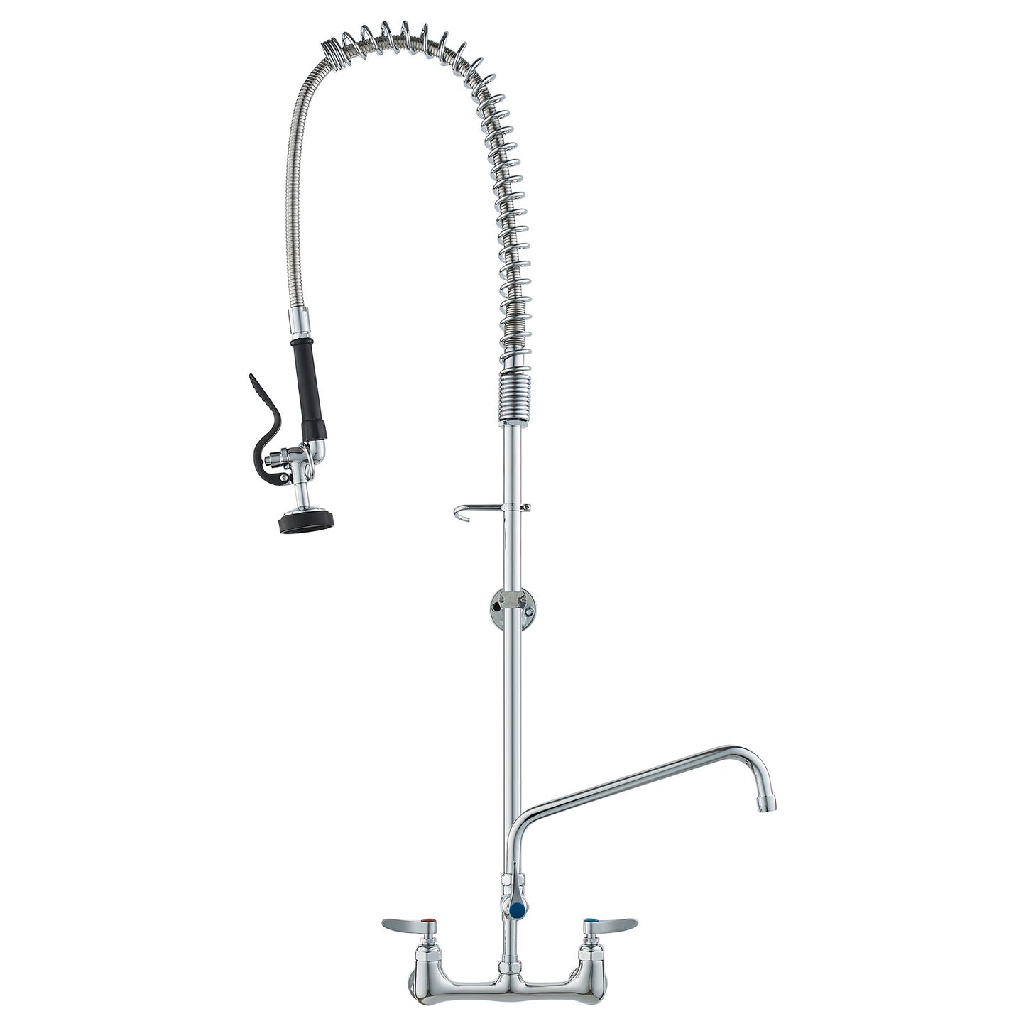 Commercial Faucet with Pre-Rinse Sprayer, 47" Height, 8" Center, 12" Swing Spout, Wall Mount Kitchen Sink Faucet, Brass Constructed Device with Pull Down Spray, for 1/2/3 Compartment Sink