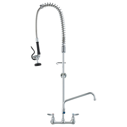 Commercial Faucet with Pre-Rinse Sprayer, 47" Height, 8" Center, 12" Swing Spout, Wall Mount Kitchen Sink Faucet, Brass Constructed Device with Pull Down Spray, for 1/2/3 Compartment Sink