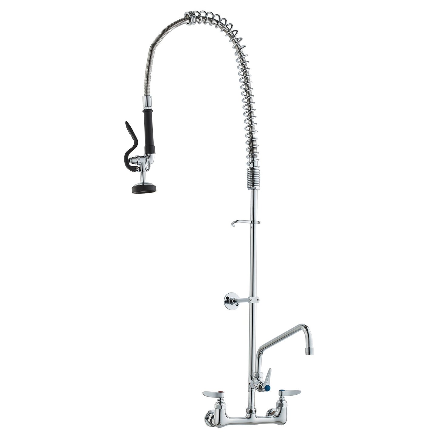 Commercial Faucet with Pre-Rinse Sprayer, 47" Height, 8" Center, 12" Swing Spout, Wall Mount Kitchen Sink Faucet, Brass Constructed Device with Pull Down Spray, for 1/2/3 Compartment Sink