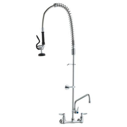 Commercial Faucet with Pre-Rinse Sprayer, 47" Height, 8" Center, 12" Swing Spout, Wall Mount Kitchen Sink Faucet, Brass Constructed Device with Pull Down Spray, for 1/2/3 Compartment Sink