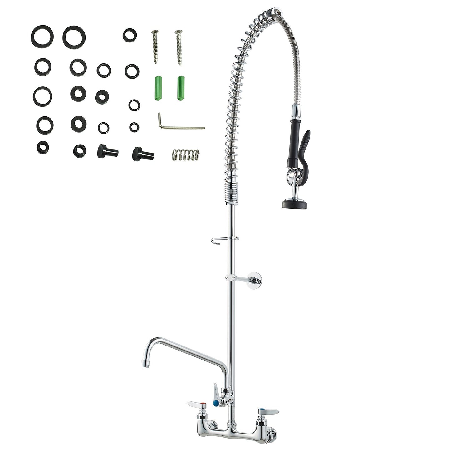 Commercial Faucet with Pre-Rinse Sprayer, 47" Height, 8" Center, 12" Swing Spout, Wall Mount Kitchen Sink Faucet, Brass Constructed Device with Pull Down Spray, for 1/2/3 Compartment Sink