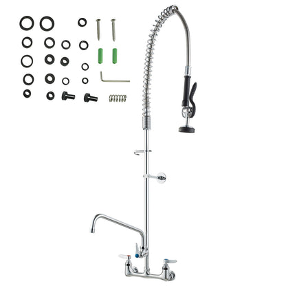 Commercial Faucet with Pre-Rinse Sprayer, 47" Height, 8" Center, 12" Swing Spout, Wall Mount Kitchen Sink Faucet, Brass Constructed Device with Pull Down Spray, for 1/2/3 Compartment Sink