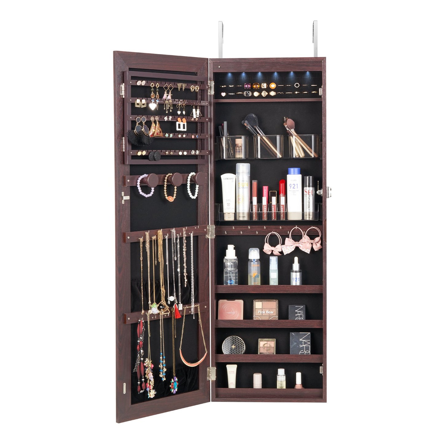 Mirror Jewelry Cabinet, 42.52-Inch Tall Lockable Jewelry Cabinet Armoire with Full-Length Mirror, Wall or Door Mounted Jewelry Mirror Organizer with LED Interior Lights and Velvet Lining, Brown