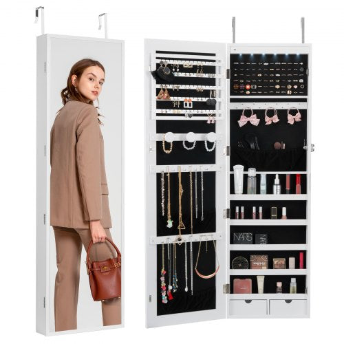 Mirror Jewelry Cabinet, 47.05-Inch Tall Lockable Jewelry Cabinet Armoire with Full-Length Mirror, Wall or Door Mounted Jewelry Mirror Organizer with LED Interior Lights and Velvet Lining, White
