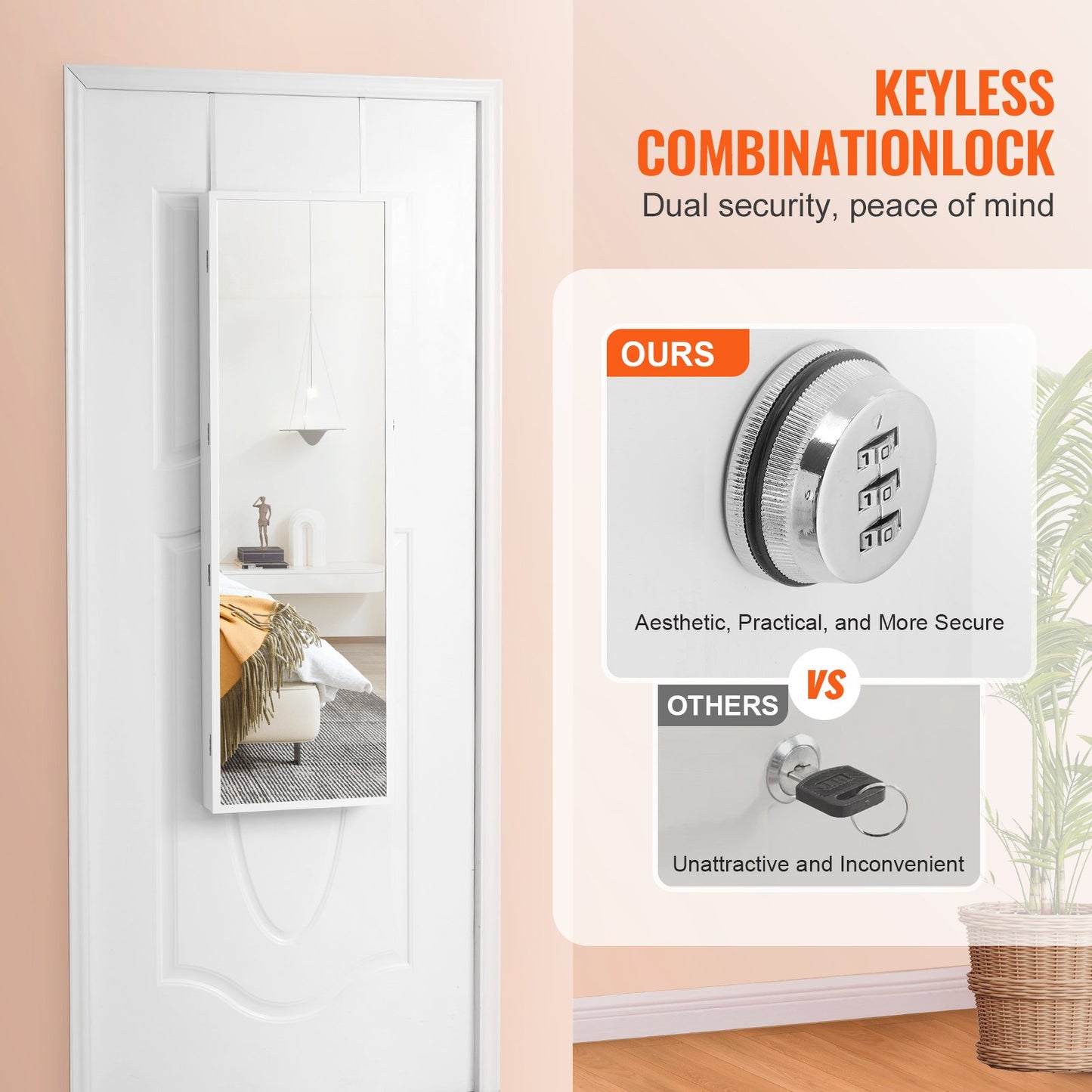 Mirror Jewelry Cabinet, 47.05-Inch Tall Lockable Jewelry Cabinet Armoire with Full-Length Mirror, Wall or Door Mounted Jewelry Mirror Organizer with LED Interior Lights and Velvet Lining, White