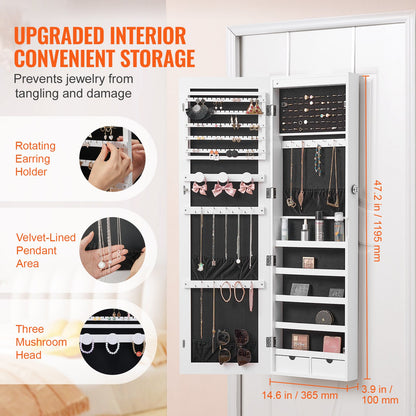 Mirror Jewelry Cabinet, 47.05-Inch Tall Lockable Jewelry Cabinet Armoire with Full-Length Mirror, Wall or Door Mounted Jewelry Mirror Organizer with LED Interior Lights and Velvet Lining, White