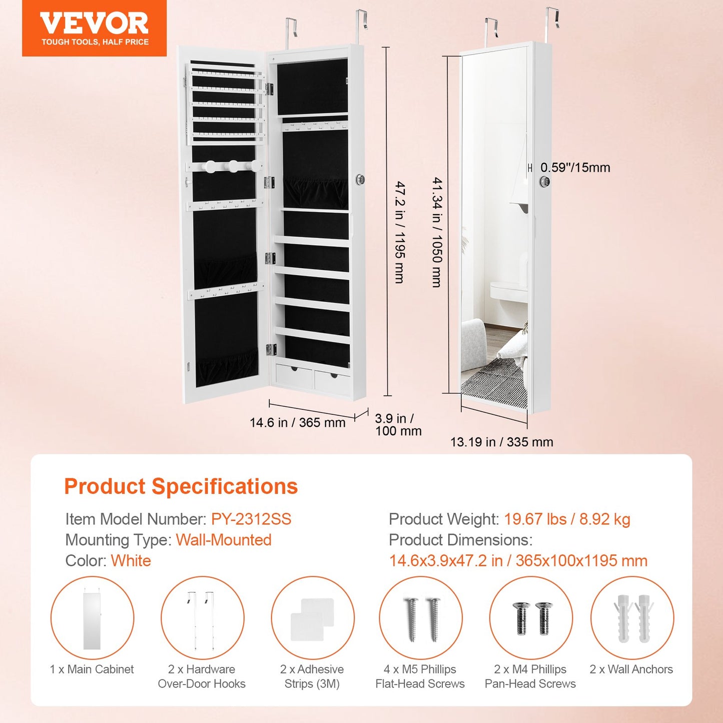 Mirror Jewelry Cabinet, 47.05-Inch Tall Lockable Jewelry Cabinet Armoire with Full-Length Mirror, Wall or Door Mounted Jewelry Mirror Organizer with LED Interior Lights and Velvet Lining, White