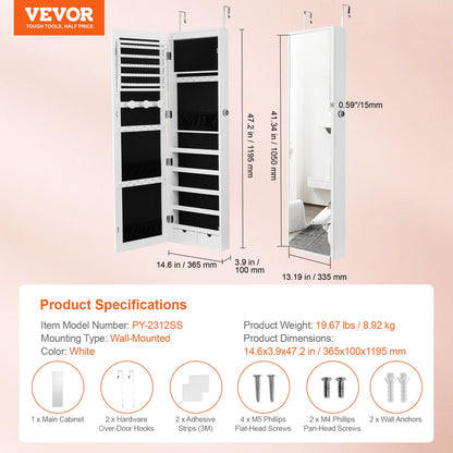 Mirror Jewelry Cabinet, 47.05-Inch Tall Lockable Jewelry Cabinet Armoire with Full-Length Mirror, Wall or Door Mounted Jewelry Mirror Organizer with LED Interior Lights and Velvet Lining, White