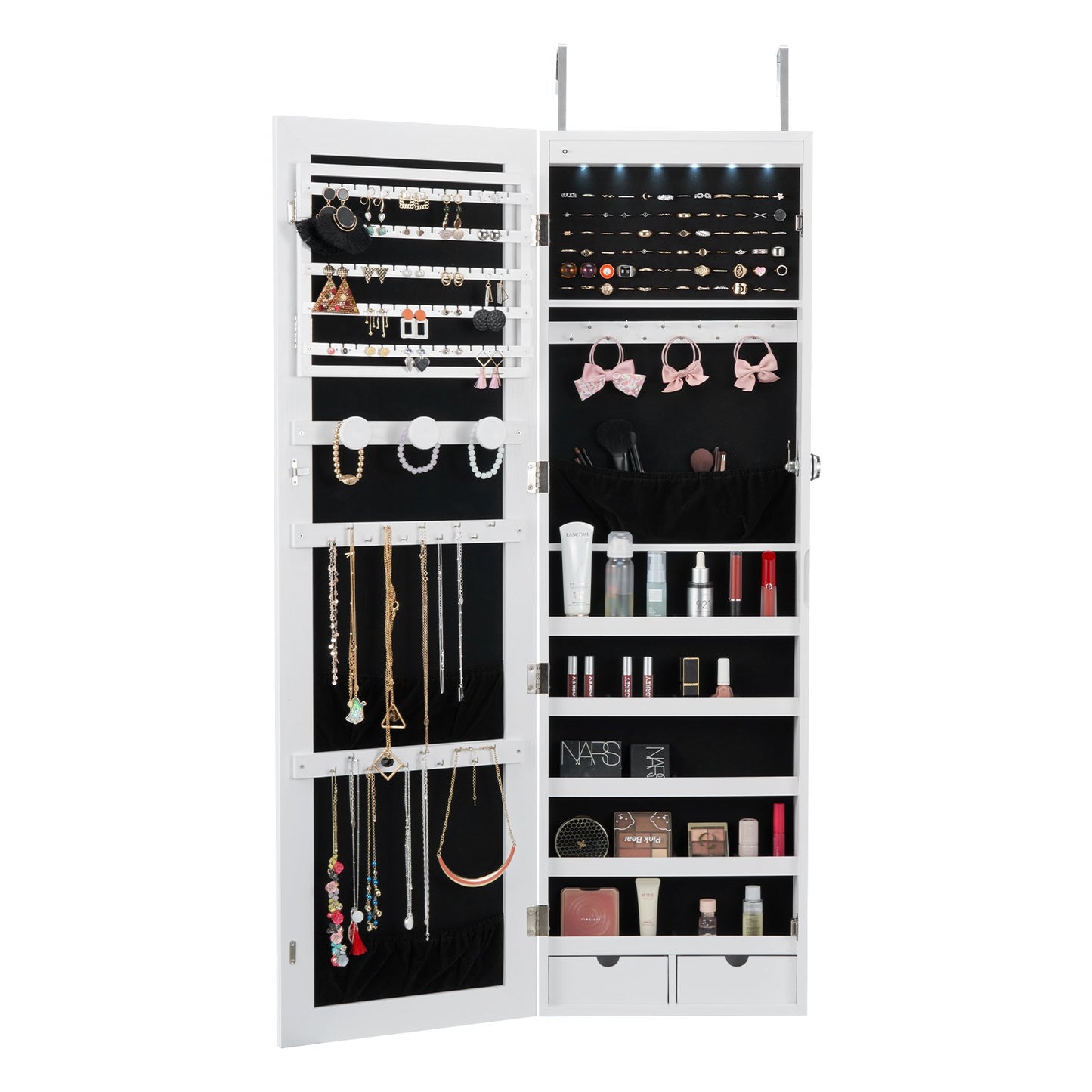 Mirror Jewelry Cabinet, 47.05-Inch Tall Lockable Jewelry Cabinet Armoire with Full-Length Mirror, Wall or Door Mounted Jewelry Mirror Organizer with LED Interior Lights and Velvet Lining, White