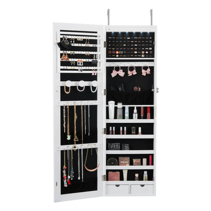Mirror Jewelry Cabinet, 47.05-Inch Tall Lockable Jewelry Cabinet Armoire with Full-Length Mirror, Wall or Door Mounted Jewelry Mirror Organizer with LED Interior Lights and Velvet Lining, White
