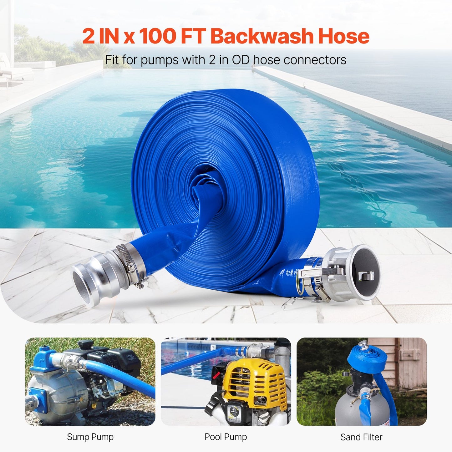 Backwash Hose, 51 mm(2 in) x 30.5 m(100 ft), Blue High Quality PVC Hose, with Clamps, Camlock, Aluminum Fittings, Fit Various Pumps, for Sewage Treatment, Water Transportation and More Agricultural Purposes