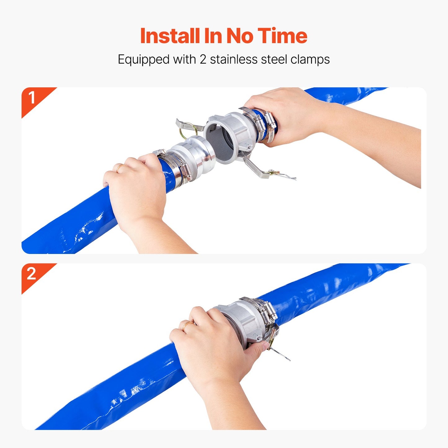 Backwash Hose, 51 mm(2 in) x 30.5 m(100 ft), Blue High Quality PVC Hose, with Clamps, Camlock, Aluminum Fittings, Fit Various Pumps, for Sewage Treatment, Water Transportation and More Agricultural Purposes