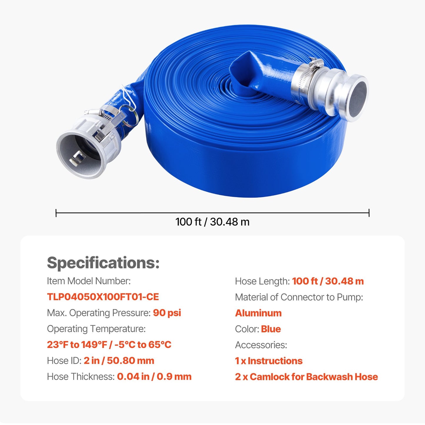 Backwash Hose, 51 mm(2 in) x 30.5 m(100 ft), Blue High Quality PVC Hose, with Clamps, Camlock, Aluminum Fittings, Fit Various Pumps, for Sewage Treatment, Water Transportation and More Agricultural Purposes