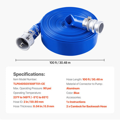 Backwash Hose, 51 mm(2 in) x 30.5 m(100 ft), Blue High Quality PVC Hose, with Clamps, Camlock, Aluminum Fittings, Fit Various Pumps, for Sewage Treatment, Water Transportation and More Agricultural Purposes