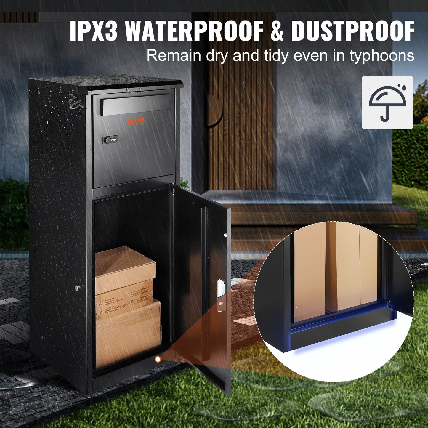 Package Delivery Boxes for Outside 41.1x40.1x111.8 cm, Galvanized Steel Package Delivery Box with Coded Lock, Removable Anti-theft Baffle, IPX3 Waterproof Parcel Drop Box for Outside, Porch