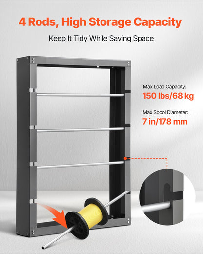 Drahtspulenhalter, 4 verstellbare Stangen, Wandmontage, aus kaltgewalztem Stahl, für mehrere Spulen, Kabelaufbewahrung, Tragkraft 68 kg / 150 lbs, für Elektroindustrie und Einzelhandel