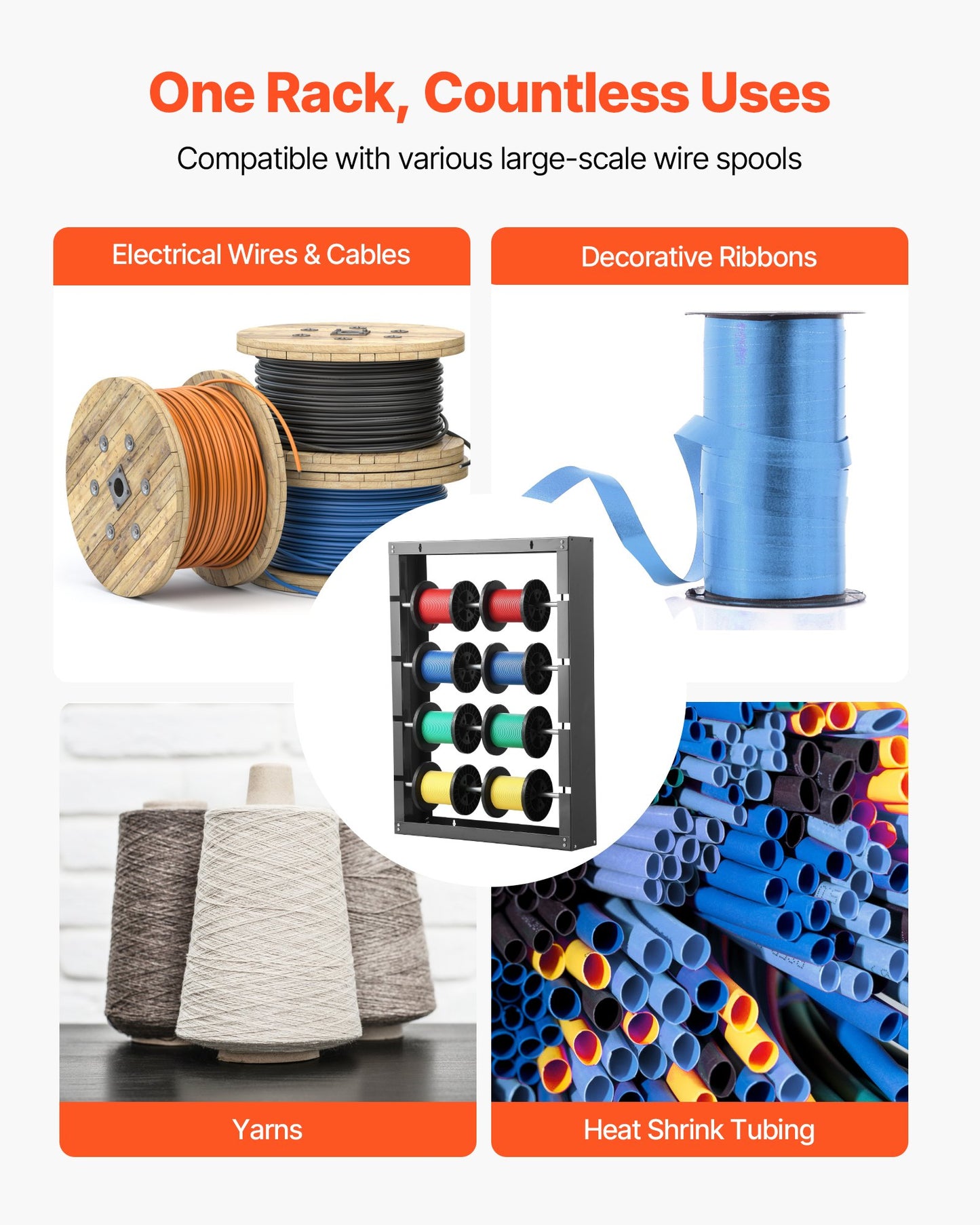 Drahtspulenhalter, 4 verstellbare Stangen, Wandmontage, aus kaltgewalztem Stahl, für mehrere Spulen, Kabelaufbewahrung, Tragkraft 68 kg / 150 lbs, für Elektroindustrie und Einzelhandel