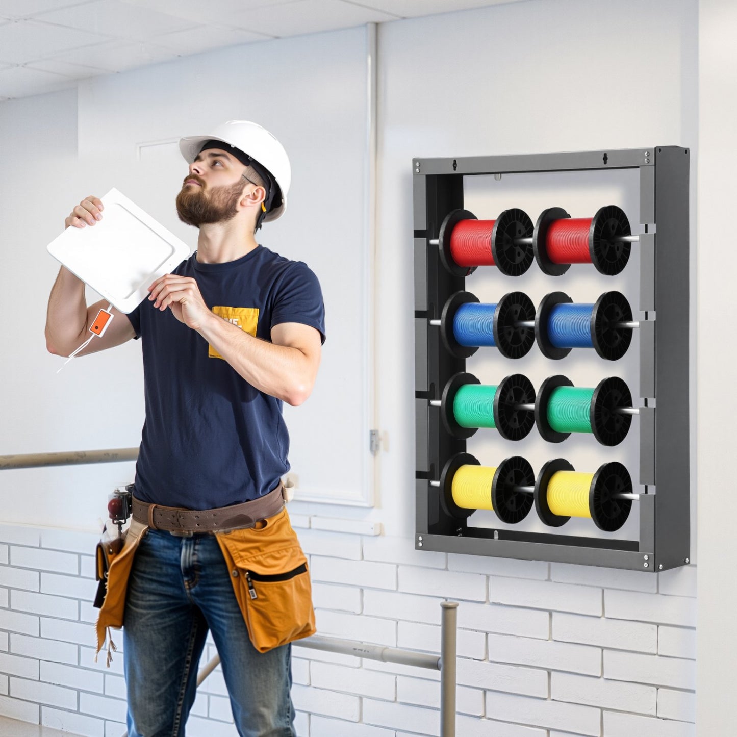 Drahtspulenhalter, 4 verstellbare Stangen, Wandmontage, aus kaltgewalztem Stahl, für mehrere Spulen, Kabelaufbewahrung, Tragkraft 68 kg / 150 lbs, für Elektroindustrie und Einzelhandel