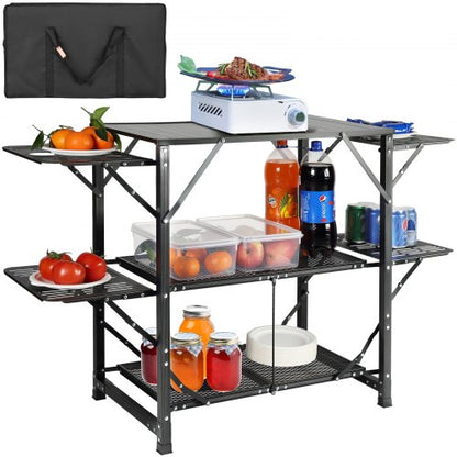 Camping Kitchen Table, One-piece Folding Portable Cook Station with A Carrying Bag, Aluminum Camping Table 4 Iron Side Tables & 2 Shelves, Ideal for Outdoor Picnics, BBQs, Camping, RV Traveling