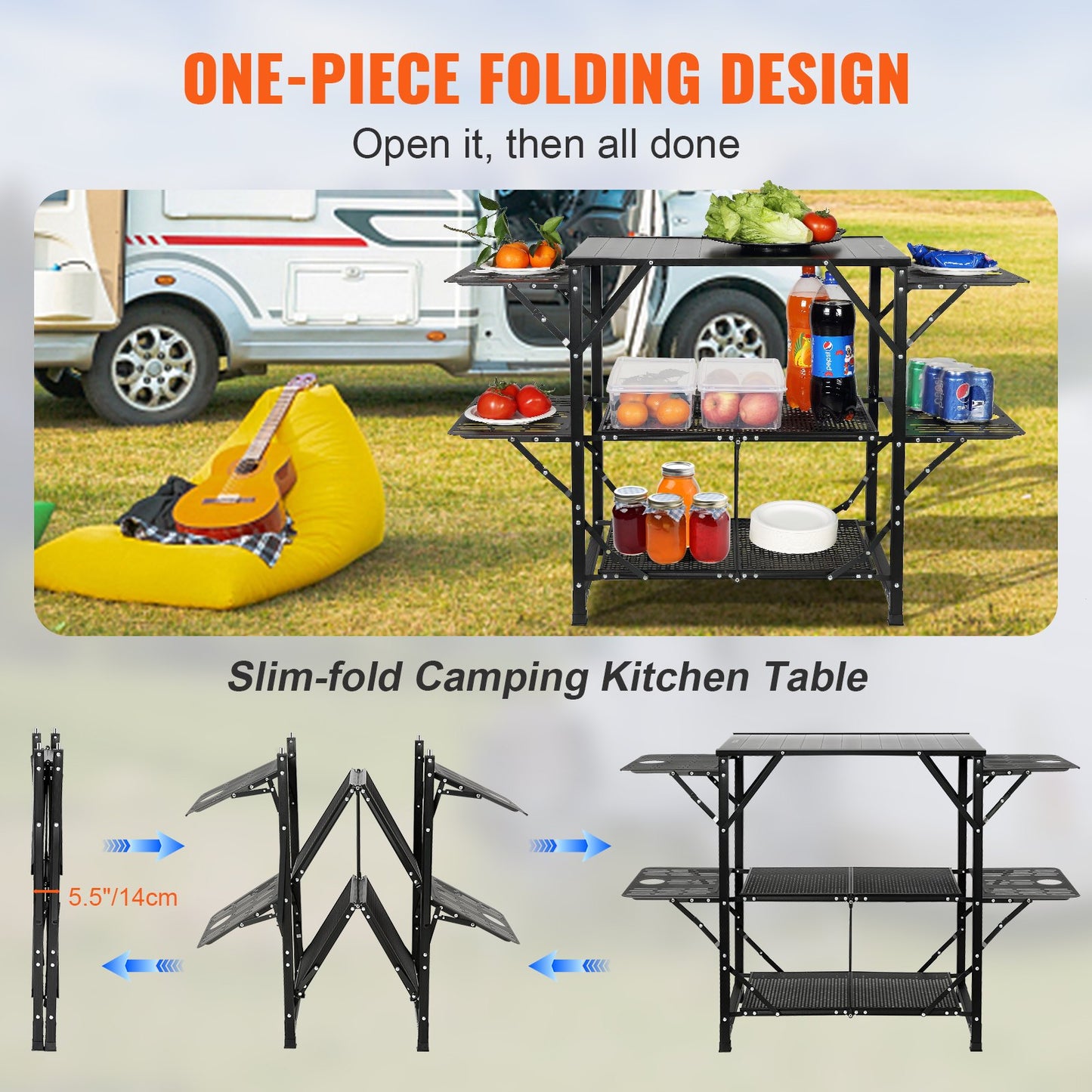 Camping Kitchen Table, One-piece Folding Portable Cook Station with A Carrying Bag, Aluminum Camping Table 4 Iron Side Tables & 2 Shelves, Ideal for Outdoor Picnics, BBQs, Camping, RV Traveling