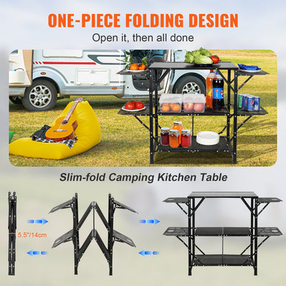 Camping Kitchen Table, One-piece Folding Portable Cook Station with A Carrying Bag, Aluminum Camping Table 4 Iron Side Tables & 2 Shelves, Ideal for Outdoor Picnics, BBQs, Camping, RV Traveling