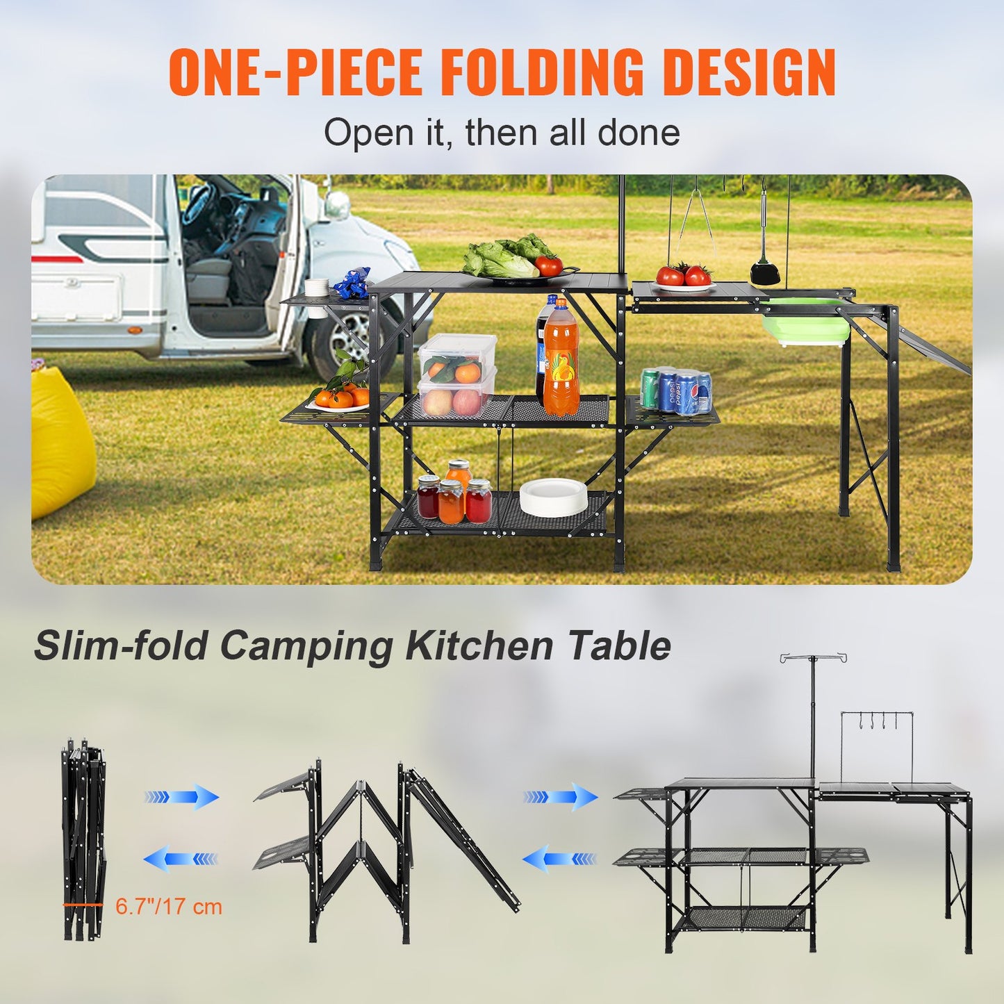 Camping Kitchen Table, One-piece Folding Portable Cook Station with A Carrying Bag, Long Aluminum Camping Table 3 Side Tables, 2 Shelves & A Detachable Sink for Outdoor Picnics, BBQs, Camping