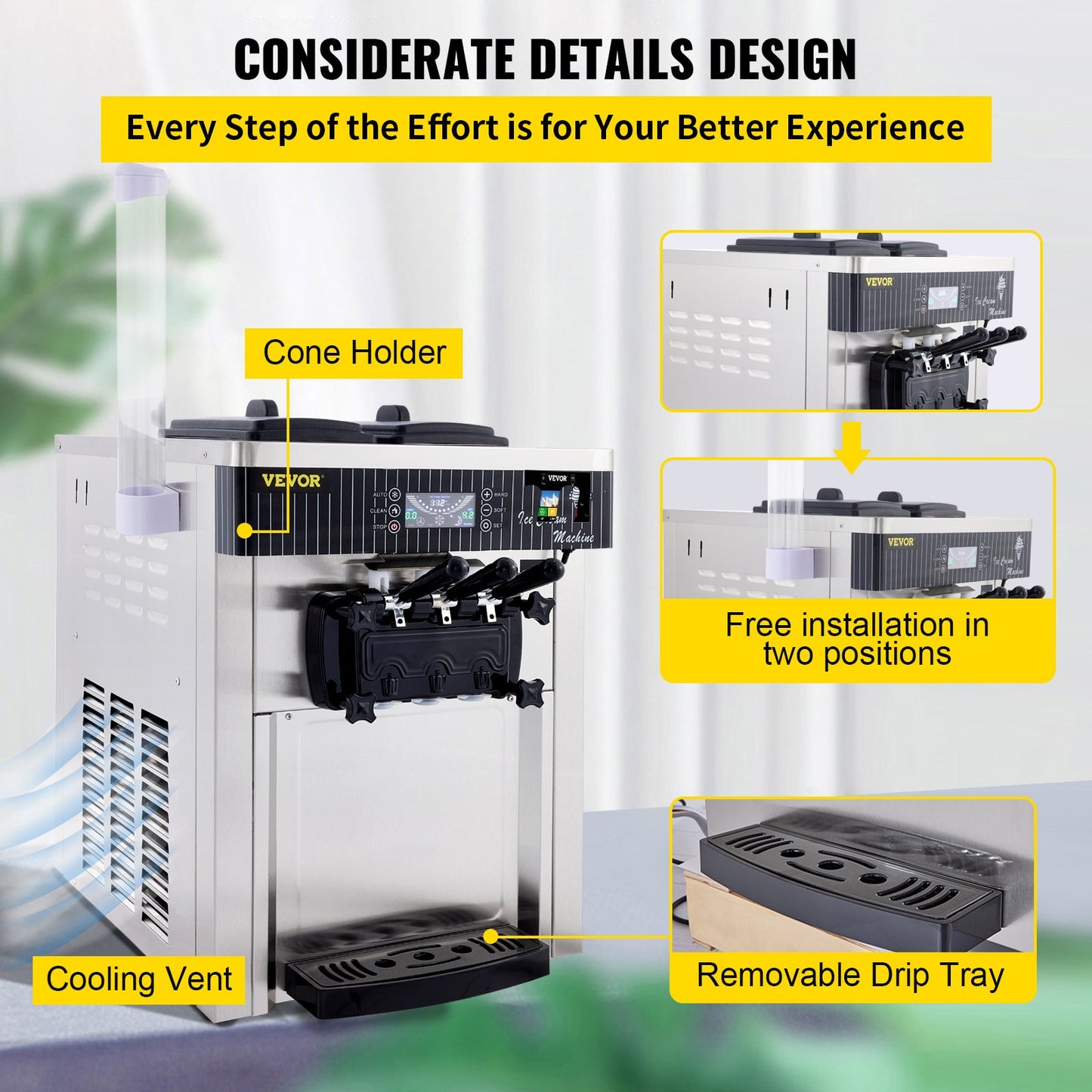 Soft Ice Cream Machine 2200W Commercial Countertop Soft Ice Cream Maker Machine 5.3 to 7.4 Gallons per Hour Ice Cream Machine for Restaurants Bars Cafes Bakeries