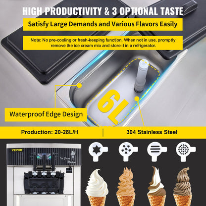 Soft Ice Cream Machine 2200W Commercial Vertical Soft Ice Cream Maker Machine 5.3 to 7.4 Gallons per Hour Ice Cream Machine for Restaurants Bars Cafes Bakeries