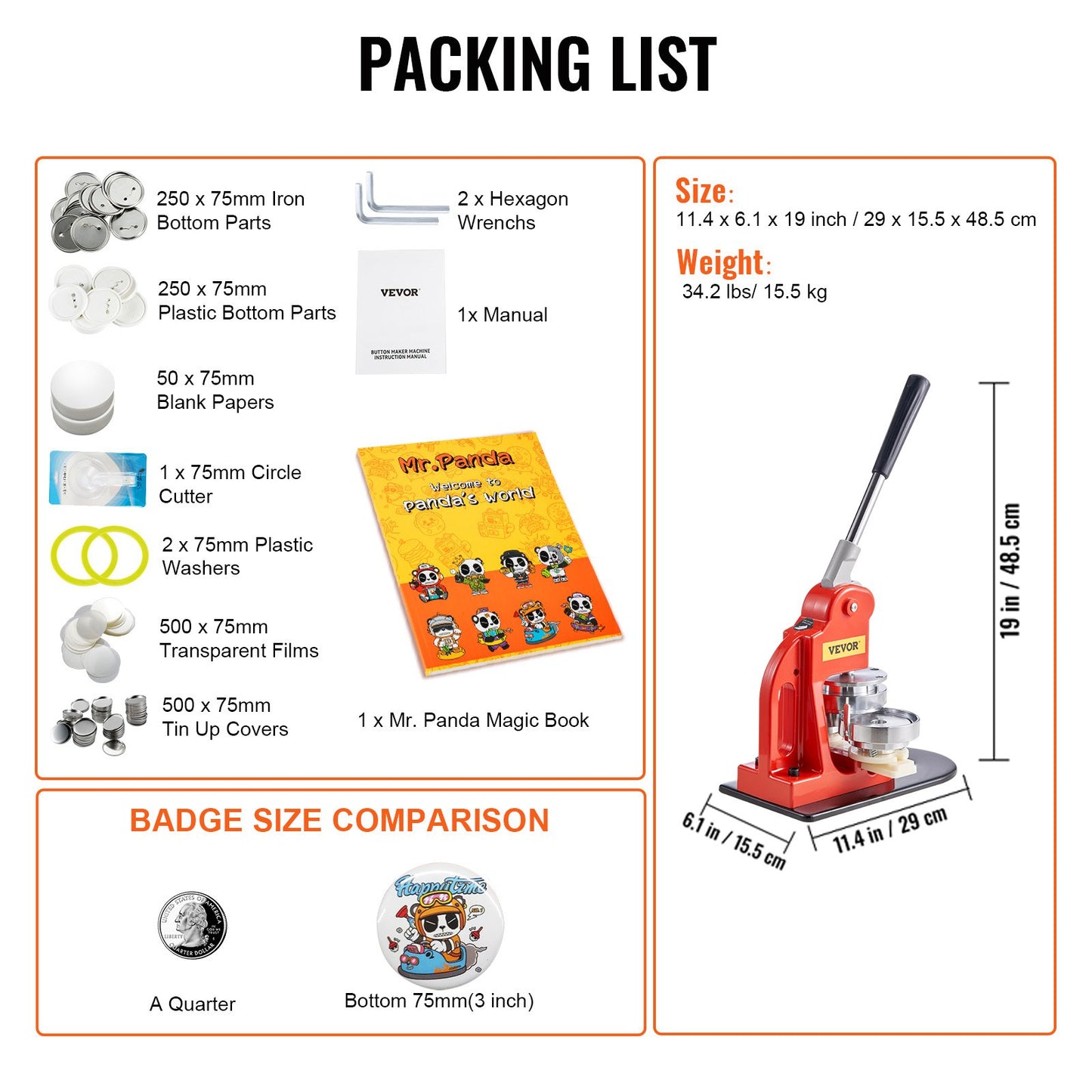 Button Maker Machine, 75 mm (3 inch) Badge Punch Press Kit, Children DIY Gifts Pin Maker, Button Making Supplies with 500pcs Button Parts & Circle Cutter & Magic Book