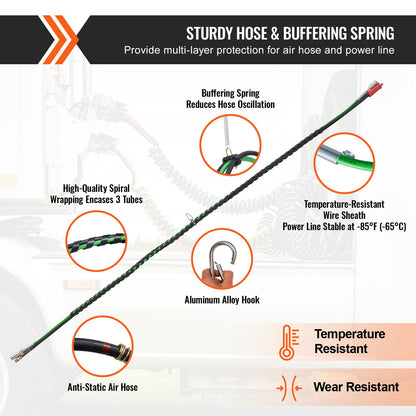 12 Fuß langes Druckluftleitungsset für Sattelzugmaschinen mit 2 Schlauchschellen, 3-in-1-Druckluftschläuchen und 7-adrigem ABS-Stromkabel, inklusive 2 Schlauchschellen, 4 Dichtungen und Federsatz für Sattelzugmaschinen